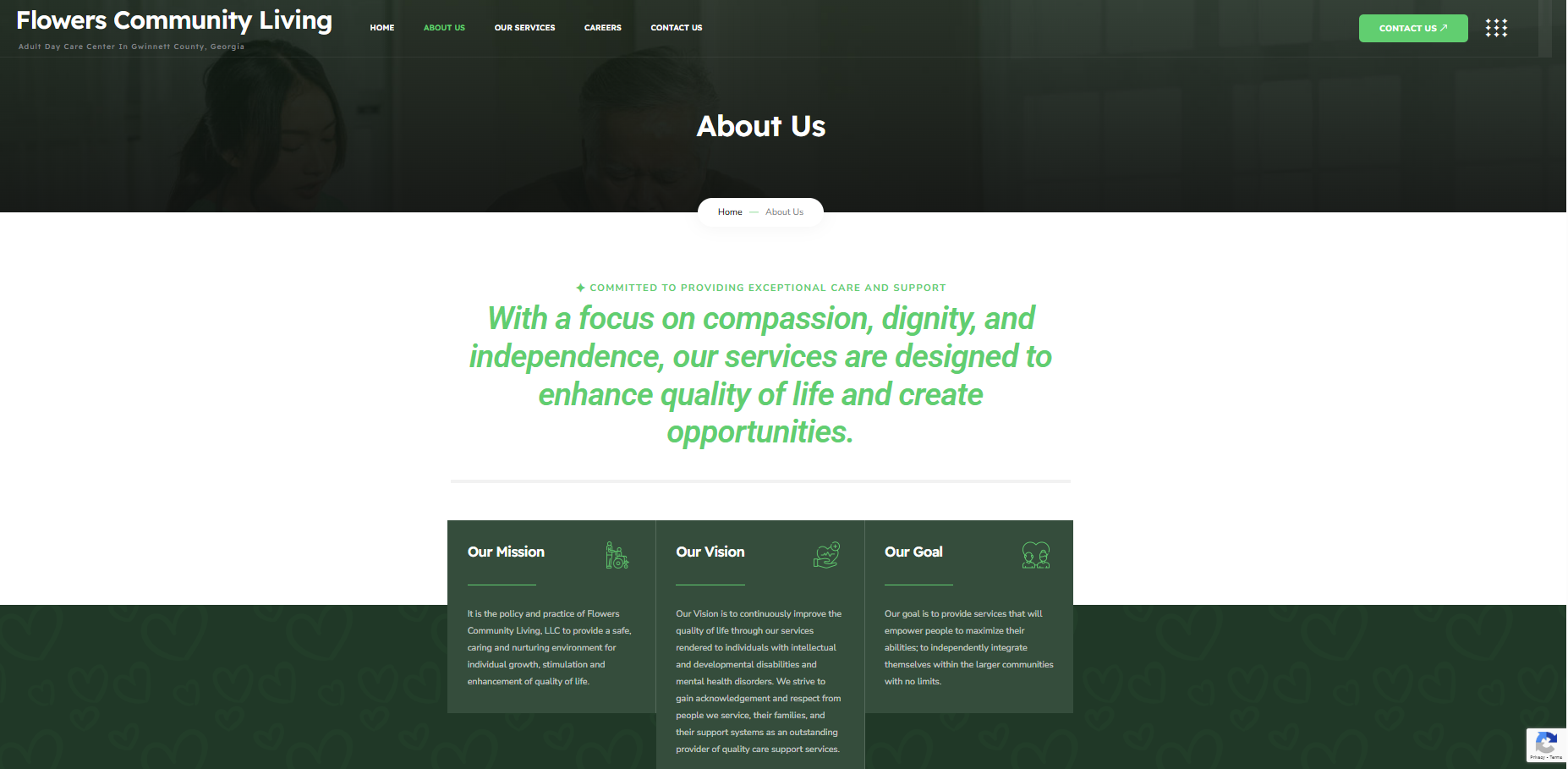 Screenshots of Flowers Community Living website
